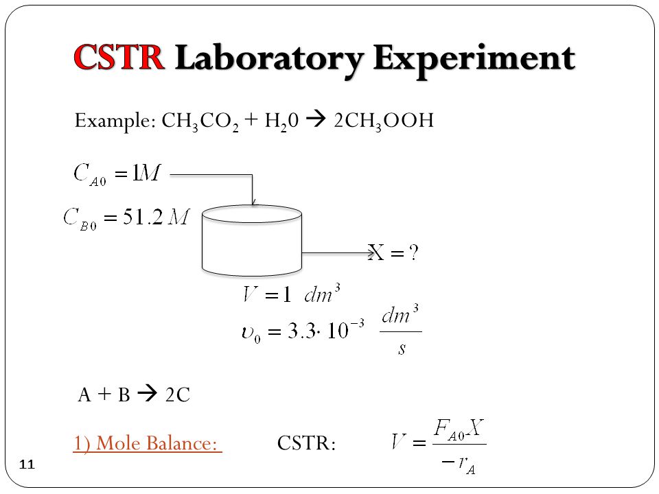 Example: CH 3 CO 2 + H 2 0  2CH 3 OOH 1) Mole Balance: CSTR: 11 A + B  2C
