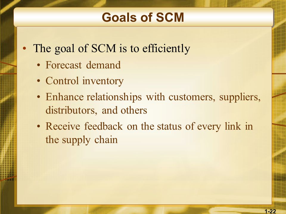 1-22 Goals of SCM The goal of SCM is to efficiently Forecast demand Control inventory Enhance relationships with customers, suppliers, distributors, and others Receive feedback on the status of every link in the supply chain