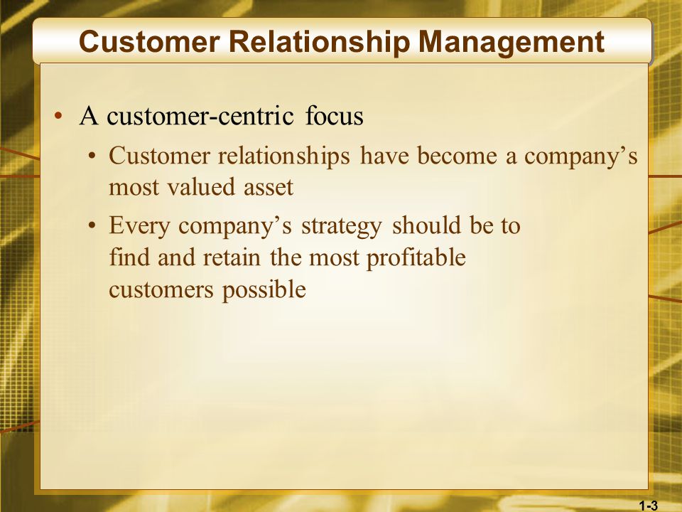1-3 Customer Relationship Management A customer-centric focus Customer relationships have become a company’s most valued asset Every company’s strategy should be to find and retain the most profitable customers possible
