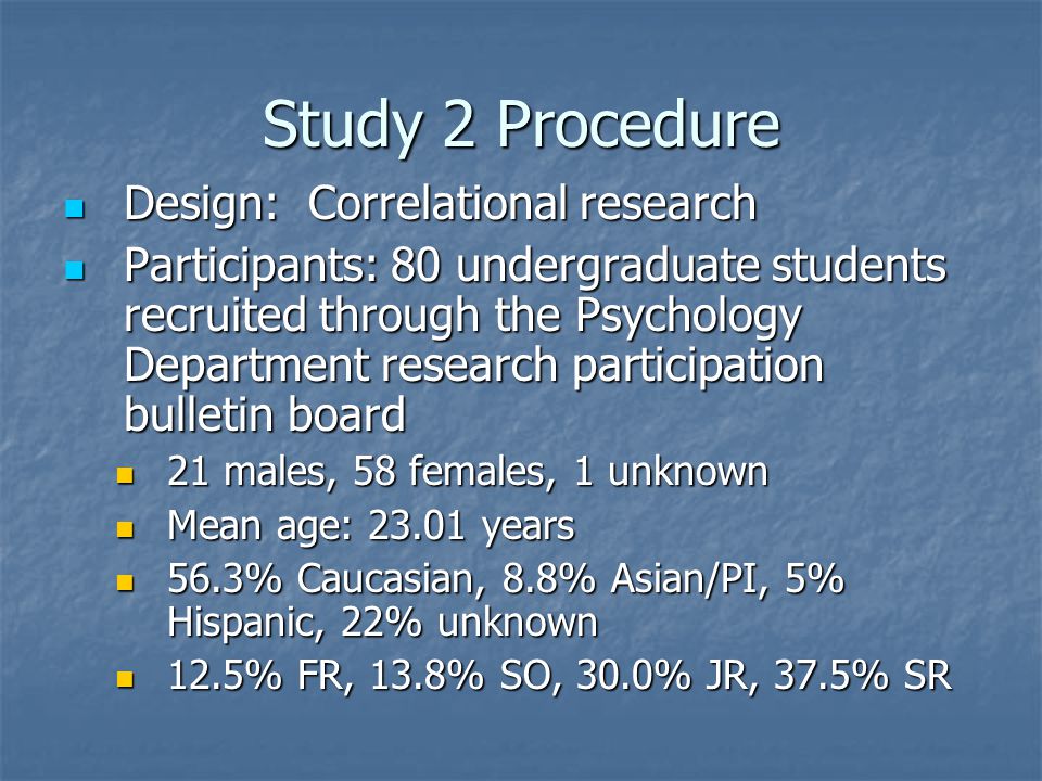 Study 2 Procedure Design: Correlational research Design: Correlational research Participants: 80 undergraduate students recruited through the Psychology Department research participation bulletin board Participants: 80 undergraduate students recruited through the Psychology Department research participation bulletin board 21 males, 58 females, 1 unknown 21 males, 58 females, 1 unknown Mean age: years Mean age: years 56.3% Caucasian, 8.8% Asian/PI, 5% Hispanic, 22% unknown 56.3% Caucasian, 8.8% Asian/PI, 5% Hispanic, 22% unknown 12.5% FR, 13.8% SO, 30.0% JR, 37.5% SR 12.5% FR, 13.8% SO, 30.0% JR, 37.5% SR
