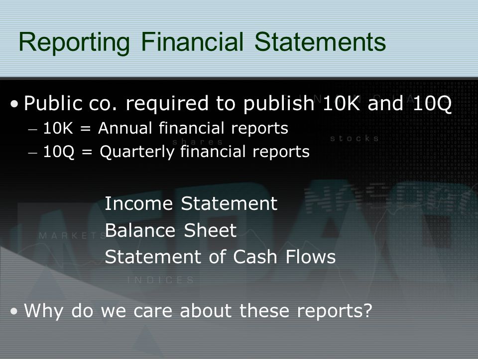 Reporting Financial Statements Public co.