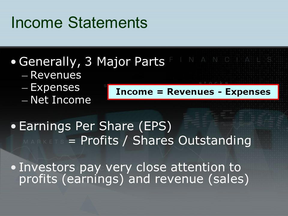 Income Statements Generally, 3 Major Parts – Revenues – Expenses – Net Income Earnings Per Share (EPS) = Profits / Shares Outstanding Investors pay very close attention to profits (earnings) and revenue (sales) Income = Revenues - Expenses