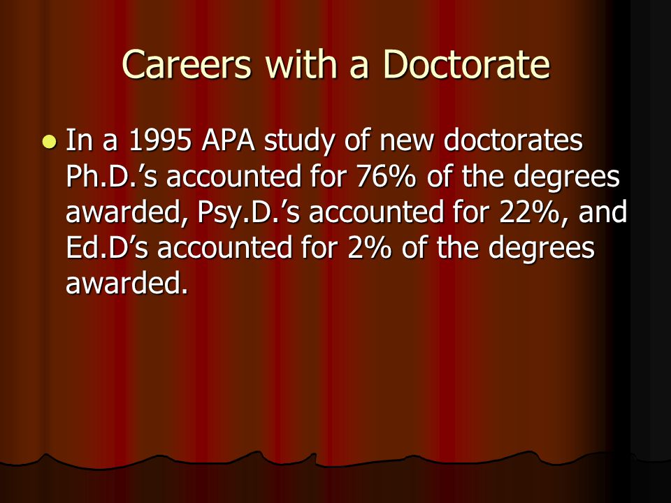 Careers with a Doctorate In a 1995 APA study of new doctorates Ph.D.’s accounted for 76% of the degrees awarded, Psy.D.’s accounted for 22%, and Ed.D’s accounted for 2% of the degrees awarded.