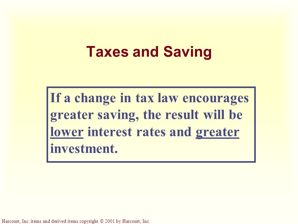 Taxes and Saving If a change in tax law encourages greater saving, the result will be lower interest rates and greater investment.