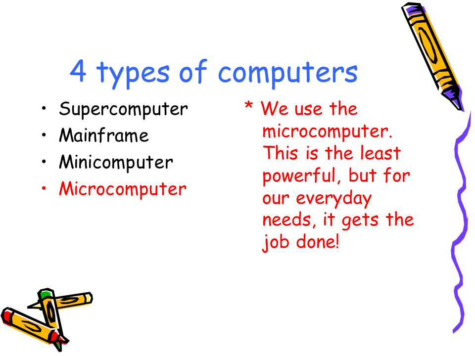 4 types of computers Supercomputer Mainframe Minicomputer Microcomputer * We use the microcomputer.