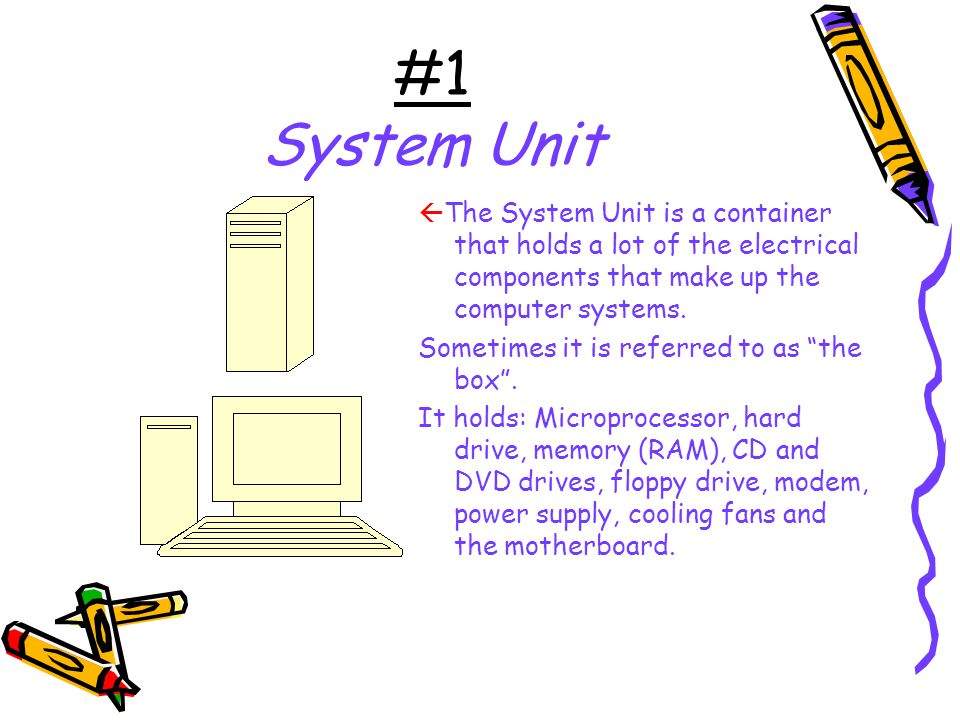 #1 System Unit  The System Unit is a container that holds a lot of the electrical components that make up the computer systems.