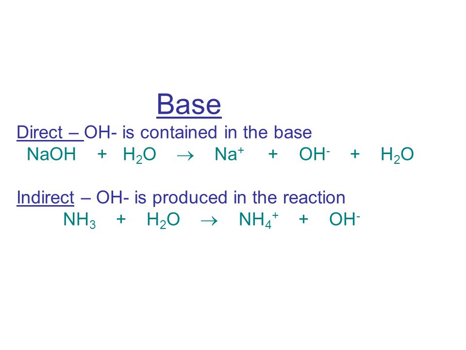 Base Direct – OH- is contained in the base NaOH + H 2 O  Na + + OH - + H 2 O Indirect – OH- is produced in the reaction NH 3 + H 2 O  NH OH -