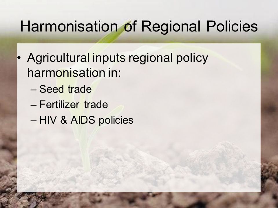 Harmonisation of Regional Policies Agricultural inputs regional policy harmonisation in: –Seed trade –Fertilizer trade –HIV & AIDS policies