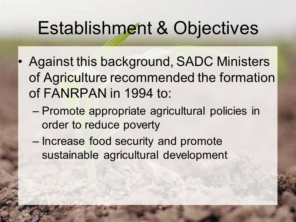 Establishment & Objectives Against this background, SADC Ministers of Agriculture recommended the formation of FANRPAN in 1994 to: –Promote appropriate agricultural policies in order to reduce poverty –Increase food security and promote sustainable agricultural development