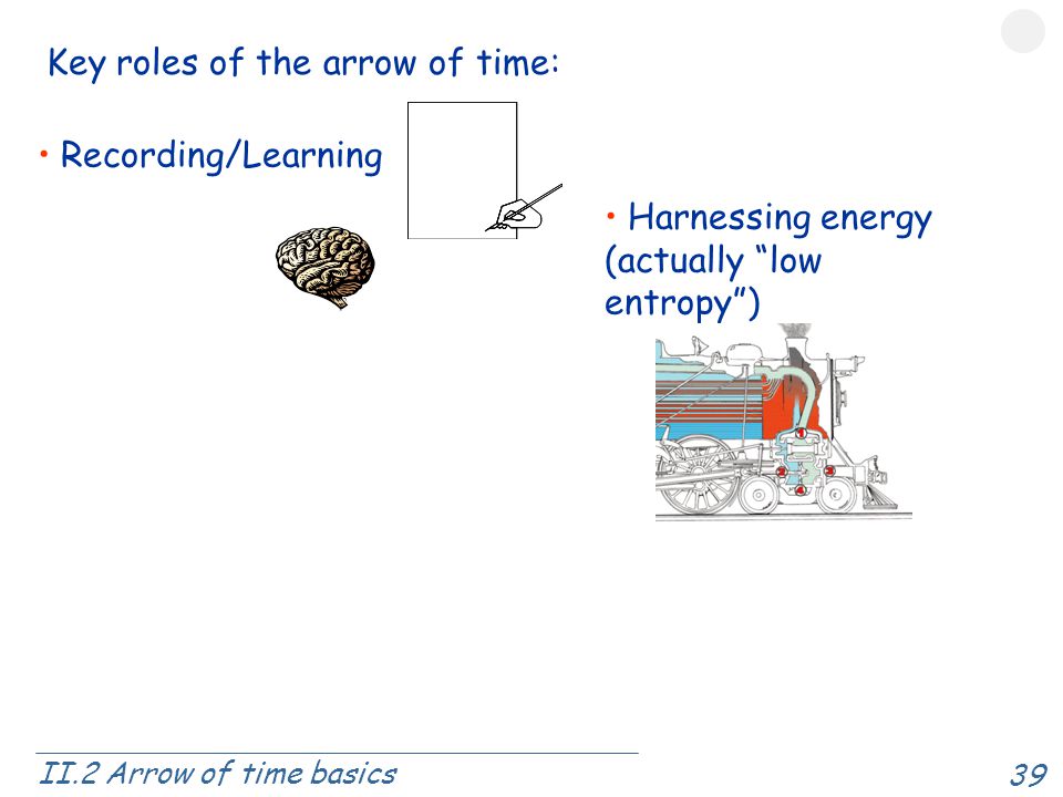 39 Recording/Learning Harnessing energy (actually low entropy ) Key roles of the arrow of time: II.2 Arrow of time basics