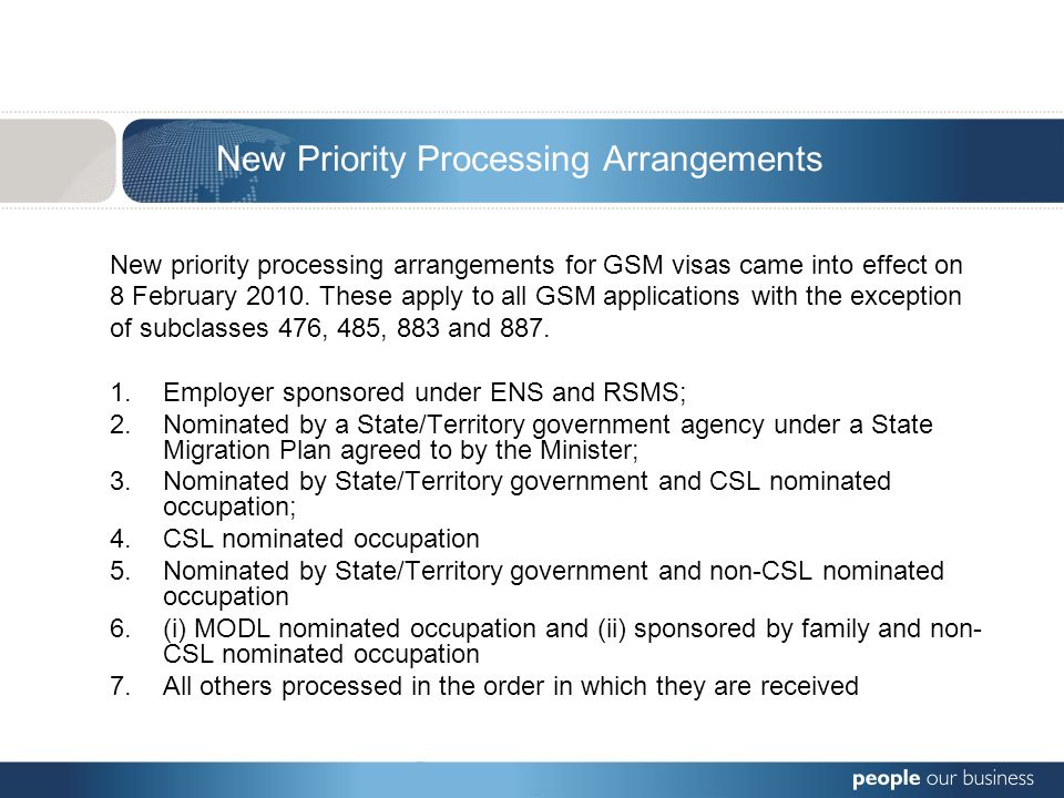 New Priority Processing Arrangements New priority processing arrangements for GSM visas came into effect on 8 February 2010.