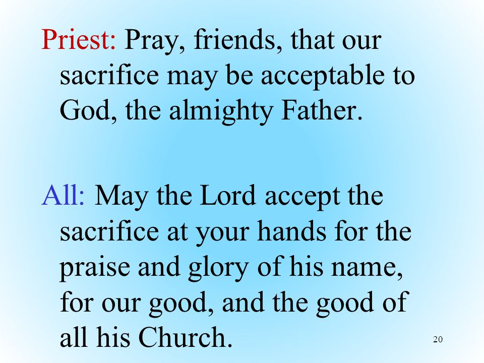 Priest: Pray, friends, that our sacrifice may be acceptable to God, the almighty Father.