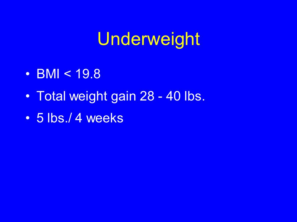 Underweight BMI < 19.8 Total weight gain lbs. 5 lbs./ 4 weeks