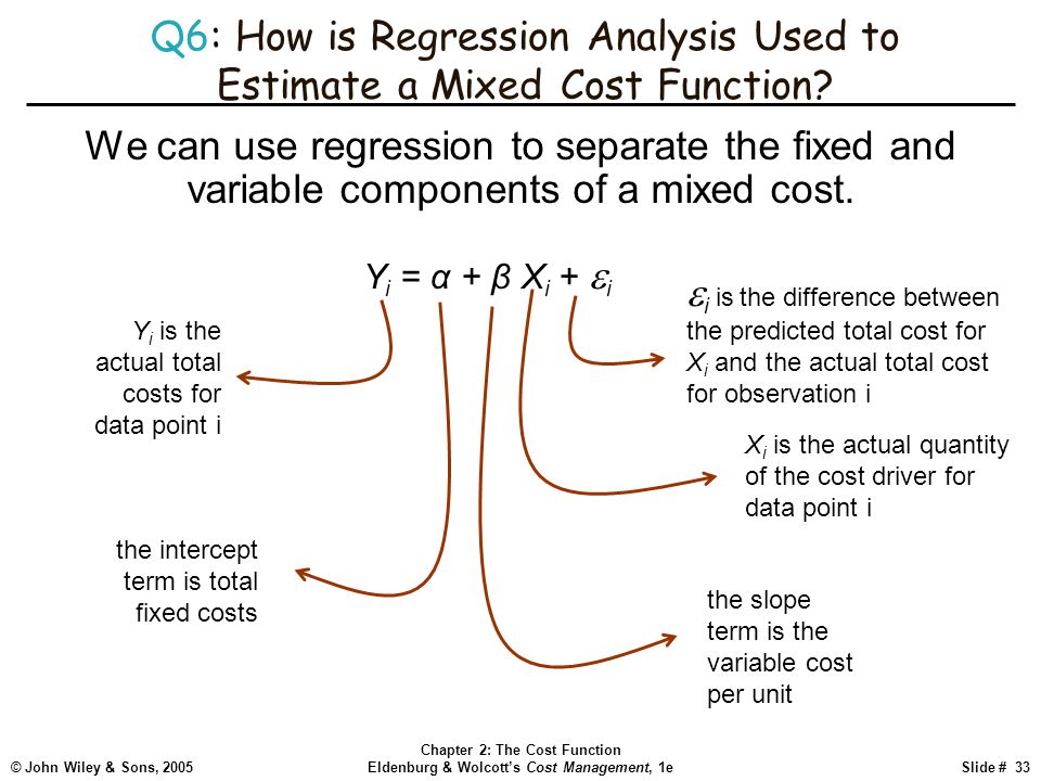 © John Wiley & Sons, 2005 Chapter 2: The Cost Function Eldenburg & Wolcott’s Cost Management, 1eSlide # 33 Q6: How is Regression Analysis Used to Estimate a Mixed Cost Function.
