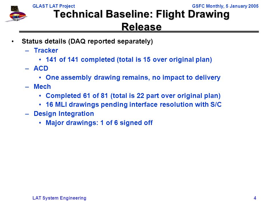 GLAST LAT ProjectGSFC Monthly, 5 January 2005 LAT System Engineering 4 Technical Baseline: Flight Drawing Release Status details (DAQ reported separately) –Tracker 141 of 141 completed (total is 15 over original plan) –ACD One assembly drawing remains, no impact to delivery –Mech Completed 61 of 81 (total is 22 part over original plan) 16 MLI drawings pending interface resolution with S/C –Design Integration Major drawings: 1 of 6 signed off