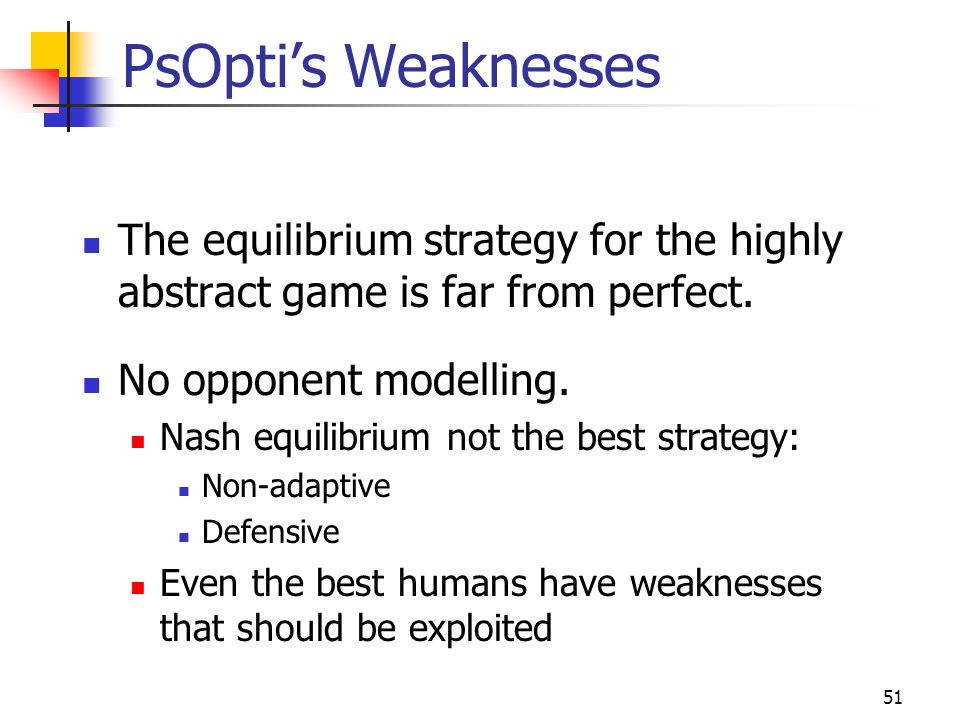 51 PsOpti’s Weaknesses The equilibrium strategy for the highly abstract game is far from perfect.