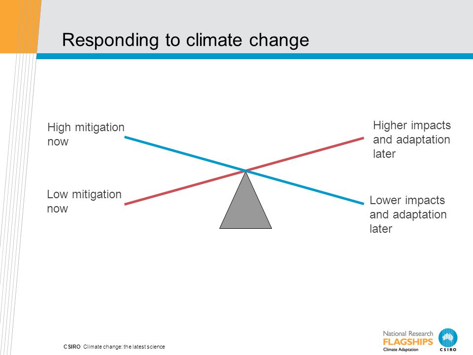 Responding to climate change CSIRO Climate change: the latest science High mitigation now Low mitigation now Higher impacts and adaptation later Lower impacts and adaptation later