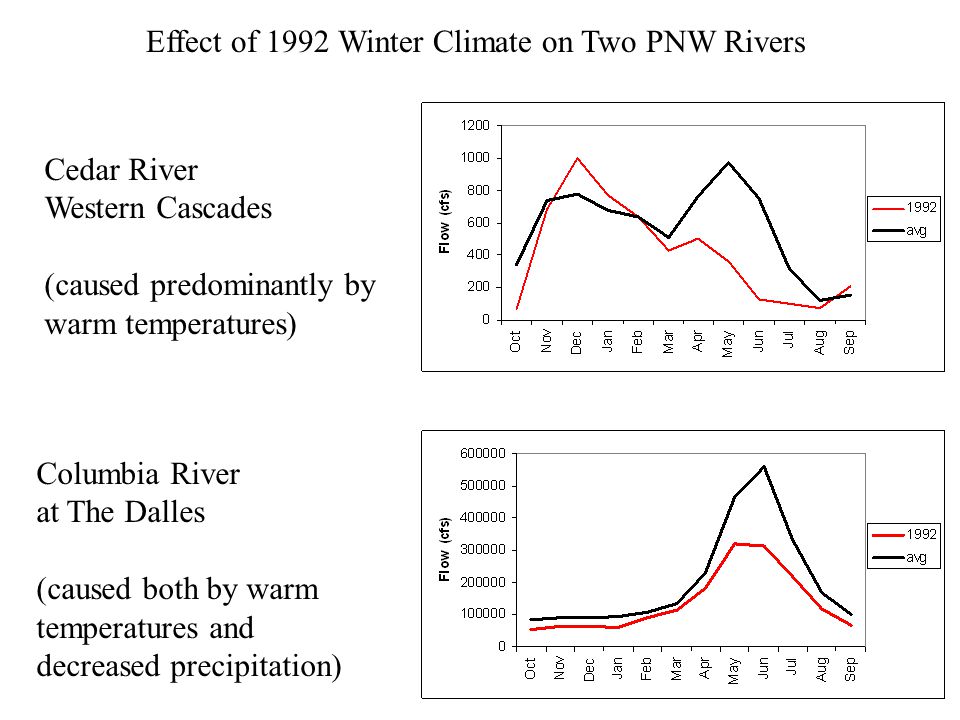 Cedar River Western Cascades (caused predominantly by warm temperatures) Columbia River at The Dalles (caused both by warm temperatures and decreased precipitation) Effect of 1992 Winter Climate on Two PNW Rivers