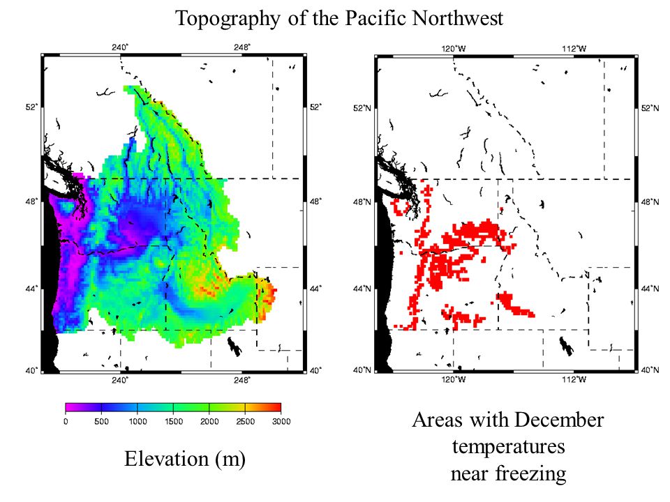 Elevation (m) Areas with December temperatures near freezing Topography of the Pacific Northwest