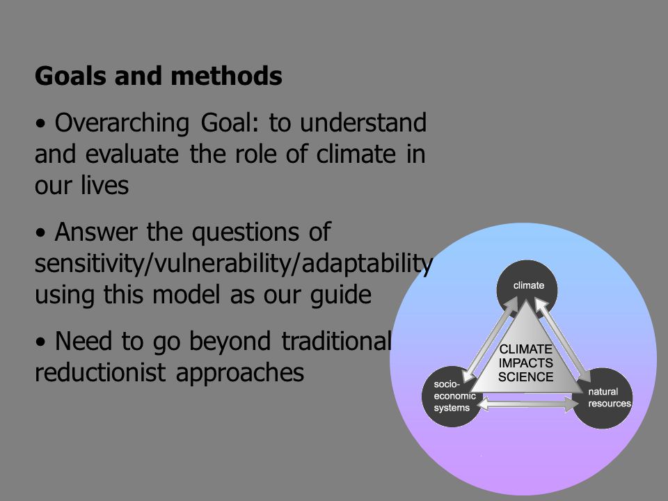 Goals and methods Overarching Goal: to understand and evaluate the role of climate in our lives Answer the questions of sensitivity/vulnerability/adaptability using this model as our guide Need to go beyond traditional reductionist approaches