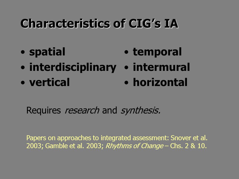 Characteristics of CIG’s IA spatial interdisciplinary vertical temporal intermural horizontal Requires research and synthesis.