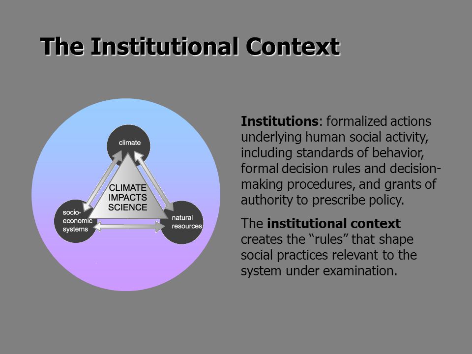 The Institutional Context Institutions: formalized actions underlying human social activity, including standards of behavior, formal decision rules and decision- making procedures, and grants of authority to prescribe policy.