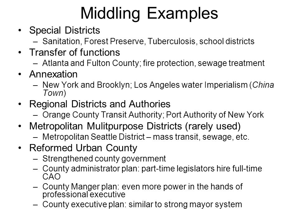 Middling Examples Special Districts –Sanitation, Forest Preserve, Tuberculosis, school districts Transfer of functions –Atlanta and Fulton County; fire protection, sewage treatment Annexation –New York and Brooklyn; Los Angeles water Imperialism (China Town) Regional Districts and Authories –Orange County Transit Authority; Port Authority of New York Metropolitan Mulitpurpose Districts (rarely used) –Metropolitan Seattle District – mass transit, sewage, etc.