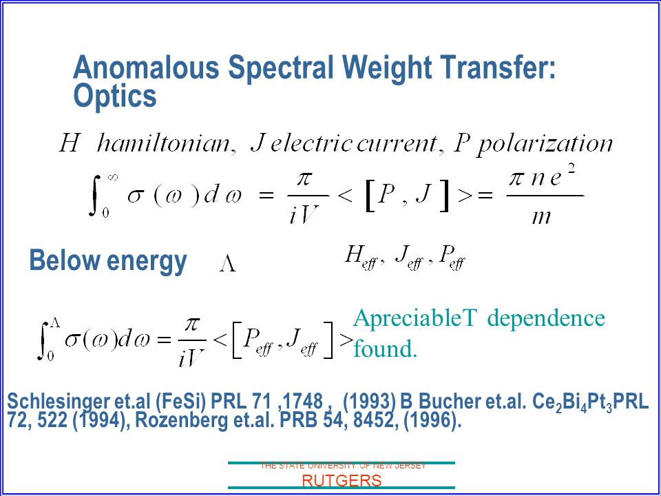 THE STATE UNIVERSITY OF NEW JERSEY RUTGERS Anomalous Spectral Weight Transfer: Optics Schlesinger et.al (FeSi) PRL 71,1748, (1993) B Bucher et.al.