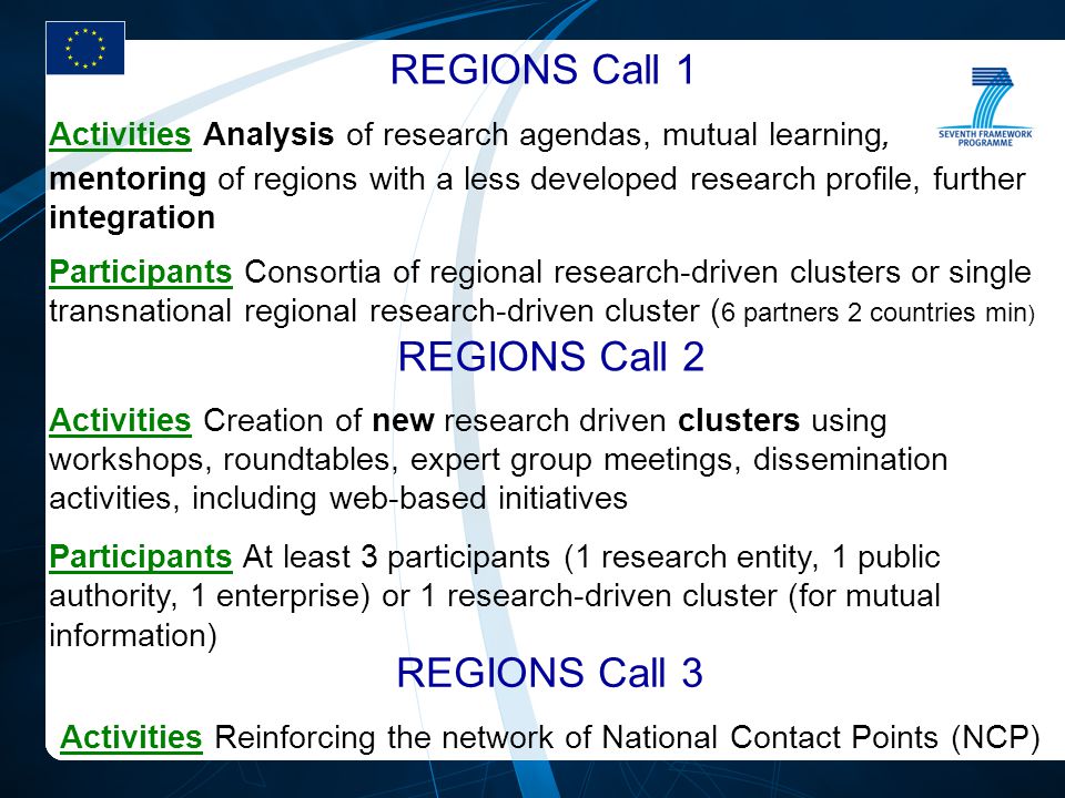 REGIONS Call 1 Activities Analysis of research agendas, mutual learning, mentoring of regions with a less developed research profile, further integration Participants Consortia of regional research-driven clusters or single transnational regional research-driven cluster ( 6 partners 2 countries min ) REGIONS Call 2 Activities Creation of new research driven clusters using workshops, roundtables, expert group meetings, dissemination activities, including web-based initiatives Participants At least 3 participants (1 research entity, 1 public authority, 1 enterprise) or 1 research-driven cluster (for mutual information) REGIONS Call 3 Activities Reinforcing the network of National Contact Points (NCP)
