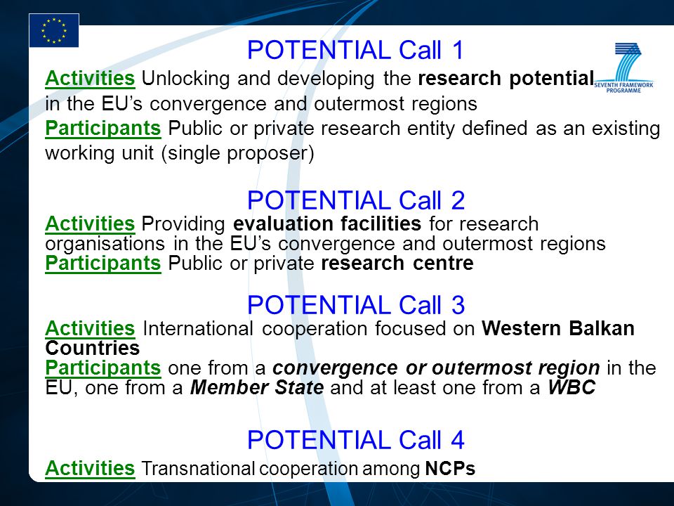 POTENTIAL Call 1 Activities Unlocking and developing the research potential in the EU’s convergence and outermost regions Participants Public or private research entity defined as an existing working unit (single proposer) POTENTIAL Call 2 Activities Providing evaluation facilities for research organisations in the EU’s convergence and outermost regions Participants Public or private research centre POTENTIAL Call 3 Activities International cooperation focused on Western Balkan Countries Participants one from a convergence or outermost region in the EU, one from a Member State and at least one from a WBC POTENTIAL Call 4 Activities Transnational cooperation among NCPs