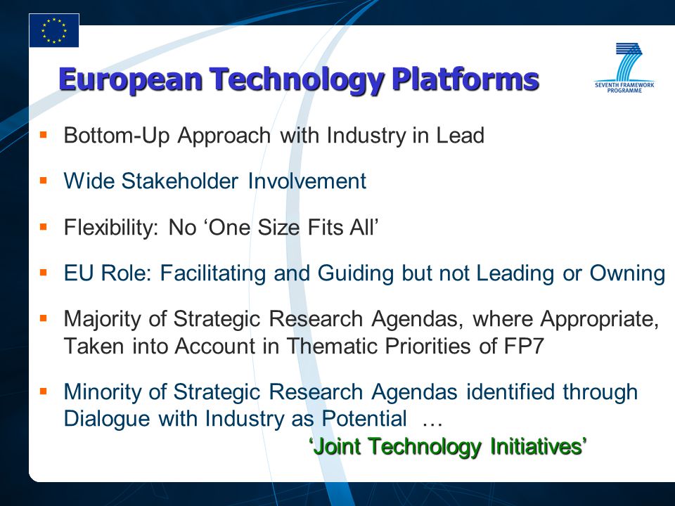 European Technology Platforms  Bottom-Up Approach with Industry in Lead  Wide Stakeholder Involvement  Flexibility: No ‘One Size Fits All’  EU Role: Facilitating and Guiding but not Leading or Owning  Majority of Strategic Research Agendas, where Appropriate, Taken into Account in Thematic Priorities of FP7 ‘Joint Technology Initiatives’  Minority of Strategic Research Agendas identified through Dialogue with Industry as Potential … ‘Joint Technology Initiatives’