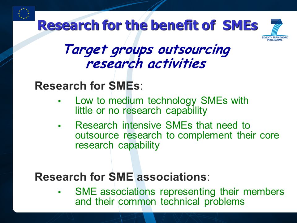 Research for the benefit of SMEs Research for SMEs:  Low to medium technology SMEs with little or no research capability  Research intensive SMEs that need to outsource research to complement their core research capability Research for SME associations:  SME associations representing their members and their common technical problems Target groups outsourcing research activities