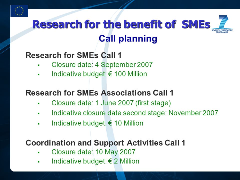 Research for SMEs Call 1  Closure date: 4 September 2007  Indicative budget: € 100 Million Research for SMEs Associations Call 1  Closure date: 1 June 2007 (first stage)  Indicative closure date second stage: November 2007  Indicative budget: € 10 Million Coordination and Support Activities Call 1  Closure date: 10 May 2007  Indicative budget: € 2 Million Call planning Research for the benefit of SMEs