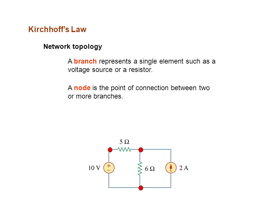 Kirchhoff’s Law Network topology A branch represents a single element such as a voltage source or a resistor.