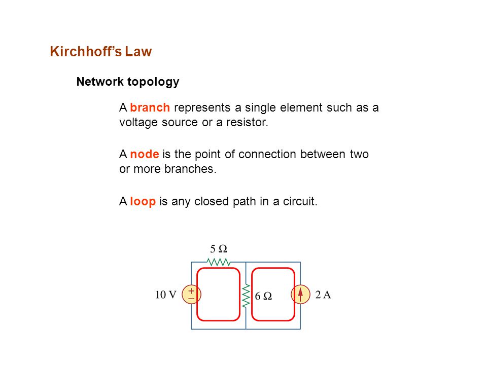 Kirchhoff’s Law Network topology A branch represents a single element such as a voltage source or a resistor.