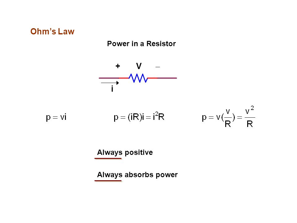 Ohm’s Law Power in a Resistor + V  i Always absorbs power Always positive