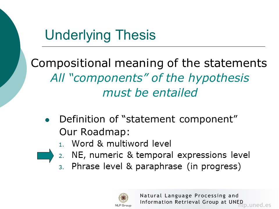Underlying Thesis Compositional meaning of the statements All components of the hypothesis must be entailed Definition of statement component Our Roadmap: 1.