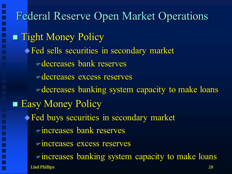 Llad Phillips28 Federal Reserve Open Market Operations Tight Money Policy Tight Money Policy  Fed sells securities in secondary market  decreases bank reserves  decreases excess reserves  decreases banking system capacity to make loans Easy Money Policy Easy Money Policy  Fed buys securities in secondary market  increases bank reserves  increases excess reserves  increases banking system capacity to make loans