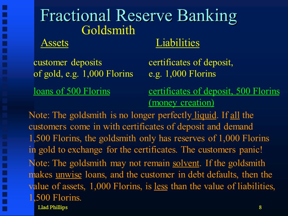 Llad Phillips8 Fractional Reserve Banking AssetsLiabilities Goldsmith customer deposits of gold, e.g.