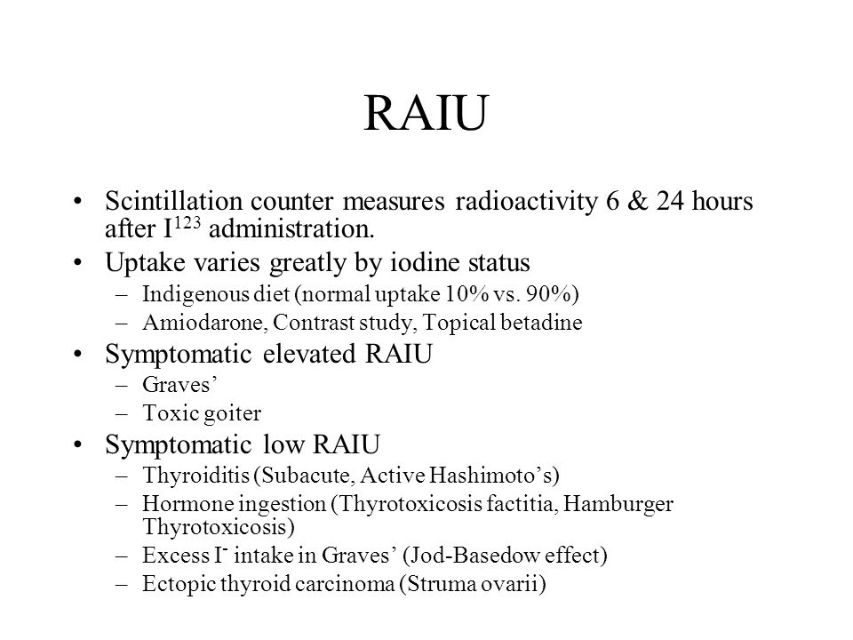 RAIU Scintillation counter measures radioactivity 6 & 24 hours after I 123 administration.