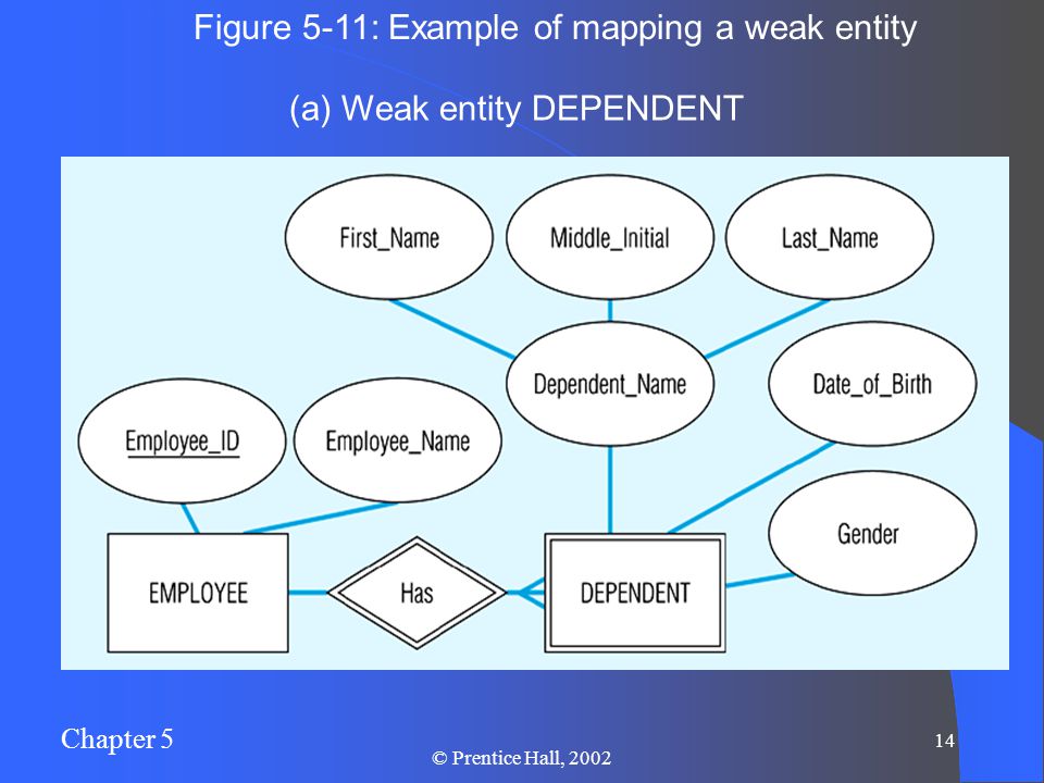 Chapter 5 14 © Prentice Hall, 2002 Figure 5-11: Example of mapping a weak entity (a) Weak entity DEPENDENT