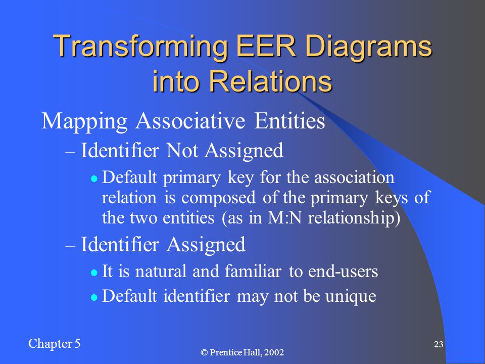 Chapter 5 23 © Prentice Hall, 2002 Transforming EER Diagrams into Relations Mapping Associative Entities – Identifier Not Assigned Default primary key for the association relation is composed of the primary keys of the two entities (as in M:N relationship) – Identifier Assigned It is natural and familiar to end-users Default identifier may not be unique
