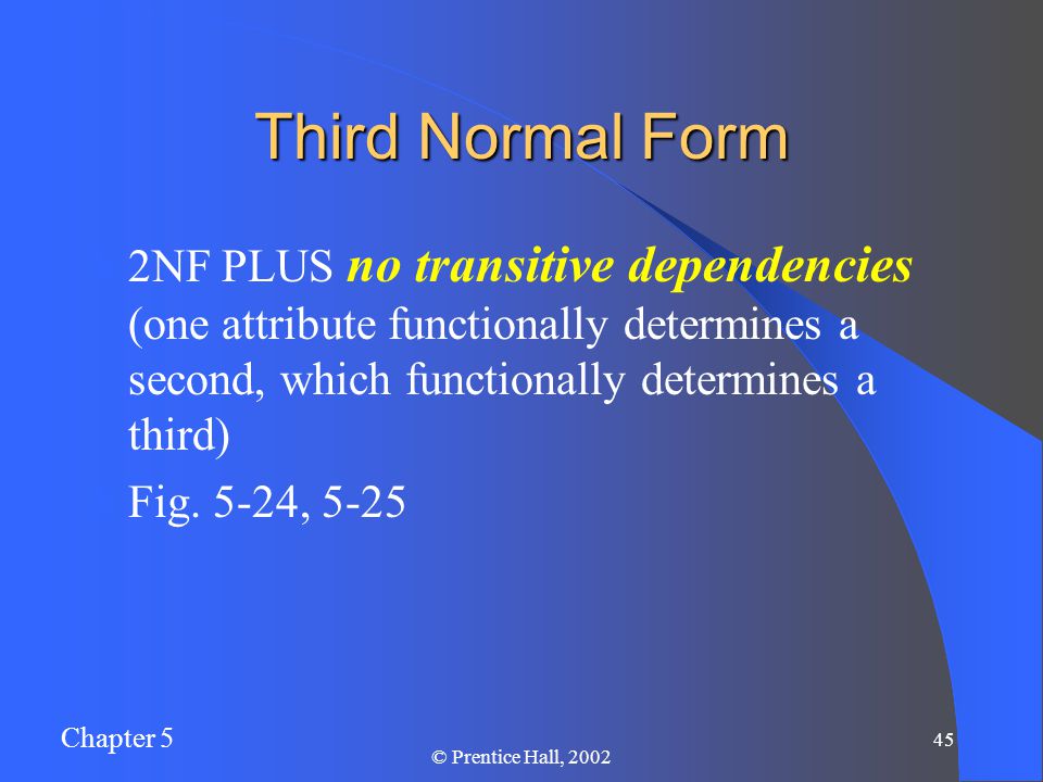 Chapter 5 45 © Prentice Hall, 2002 Third Normal Form 2NF PLUS no transitive dependencies (one attribute functionally determines a second, which functionally determines a third) Fig.
