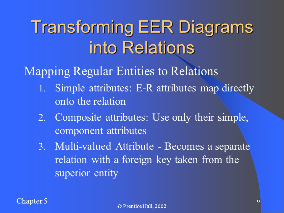 Chapter 5 9 © Prentice Hall, 2002 Transforming EER Diagrams into Relations Mapping Regular Entities to Relations 1.
