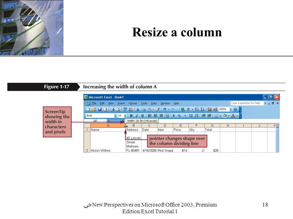 XP 18 ﴀ New Perspectives on Microsoft Office 2003, Premium Edition Excel Tutorial 1 Resize a column