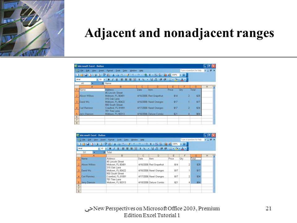 XP 21 ﴀ New Perspectives on Microsoft Office 2003, Premium Edition Excel Tutorial 1 Adjacent and nonadjacent ranges
