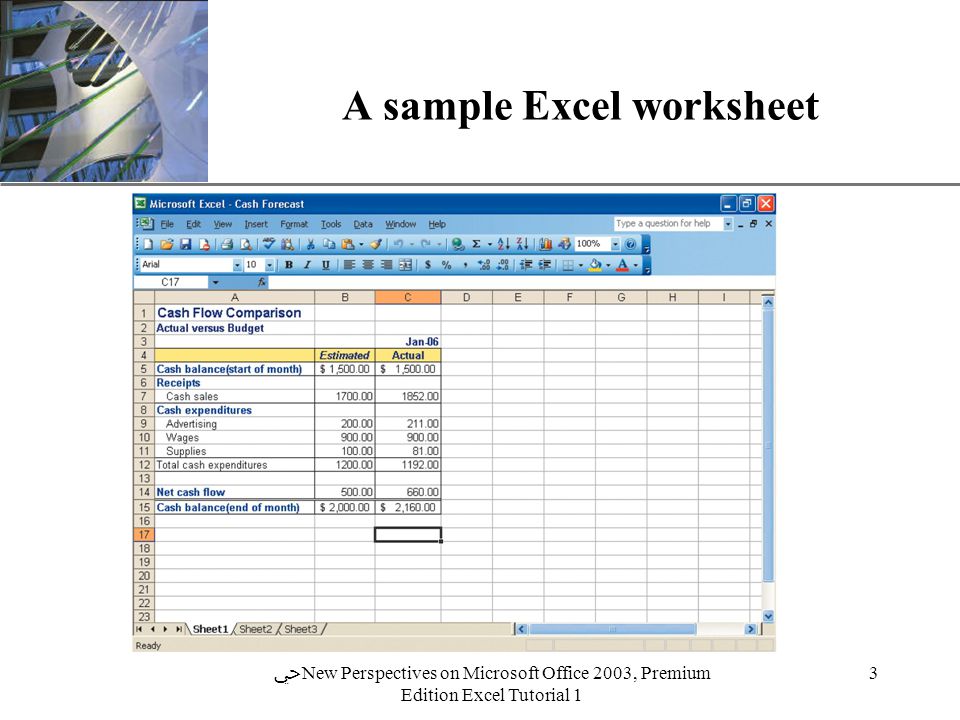 XP 3 ﴀ New Perspectives on Microsoft Office 2003, Premium Edition Excel Tutorial 1 A sample Excel worksheet