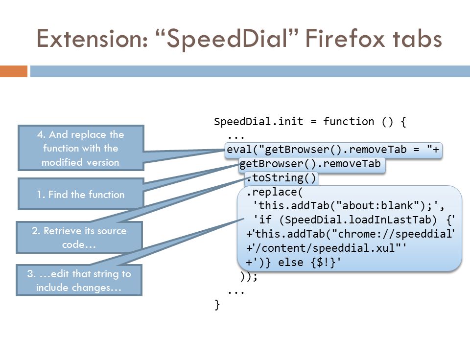 4. And replace the function with the modified version Extension: SpeedDial Firefox tabs 1.
