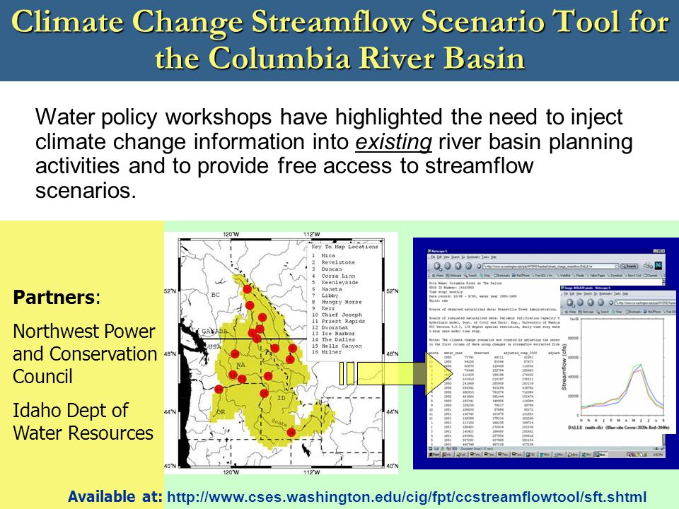 Climate Change Streamflow Scenario Tool for the Columbia River Basin Water policy workshops have highlighted the need to inject climate change information into existing river basin planning activities and to provide free access to streamflow scenarios.
