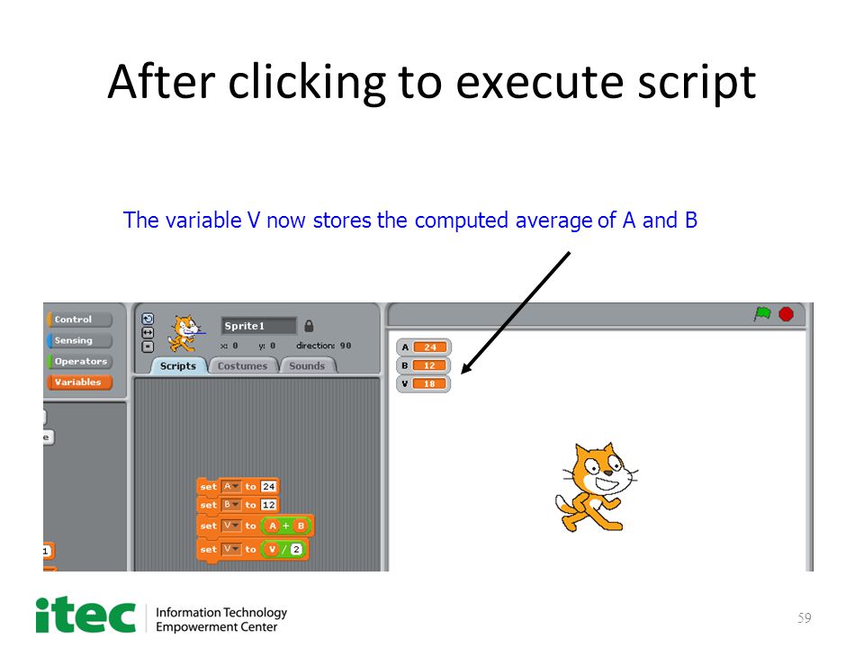 59 After clicking to execute script The variable V now stores the computed average of A and B